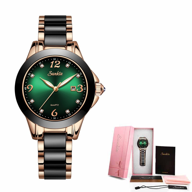 Women&#39;s Watches SUNKTA Ladies Quartz Watch Fashion Waterproof Ceramic Stainless Steel Band Watch Black Gold Wrist Watch+Box