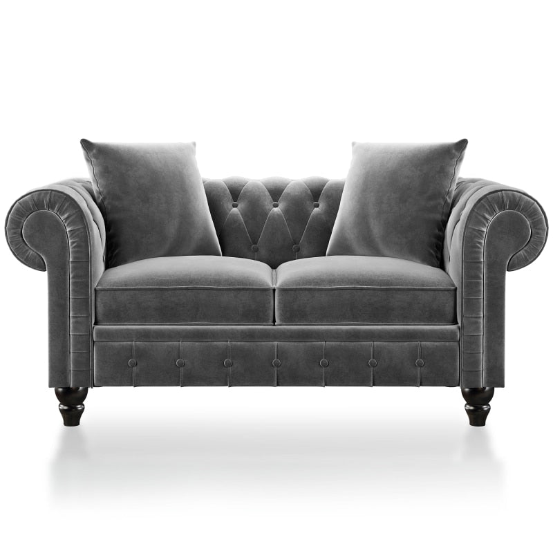 Chesterfield Sofa Set Button Tufted Velvet Upholstered Low Back Loveseat &amp; 3 Seat Sofa Roll Arm Classic,5 Pillows Sectional Sofa