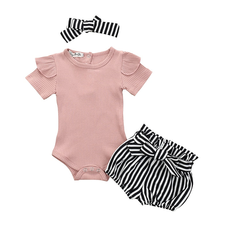 Newborn Baby Girl Clothes Set Summer Solid Color Short Sleeve Romper Flower Shorts Headband 3Pcs Outfit New Born Infant Clothing