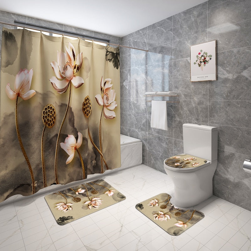 4pcs Floral Bathroom Carpet Bath Curtain Set Toilet Rugs and Shower Curtain Toilet Seat Cover Floor Mat Bathroom Mat Shower Mat