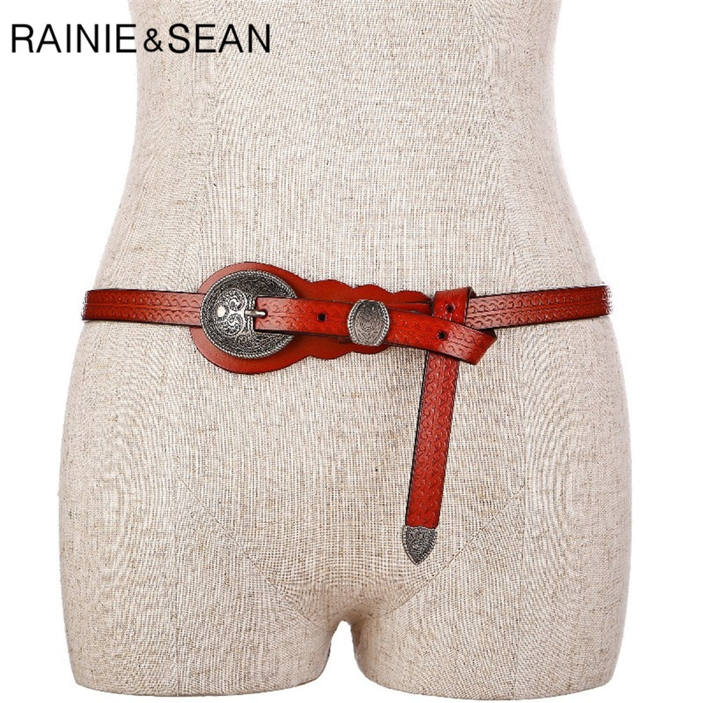 RAINIE SEAN Vintage Belts for Women Cowskin Waist Belt Real Leather Brown Rivet High Quality Brand Women Belt 105cm 110cm 115cm