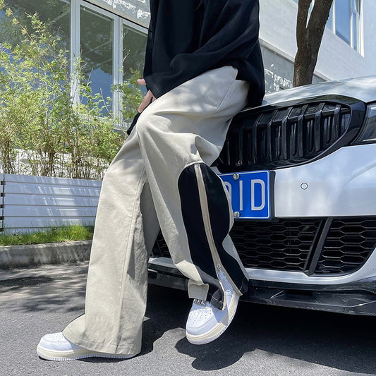 Fashion Side Zipper Casual Wide Leg Pants Khaki/Black Men 2022 Spring Streetwear Loose Straight Pant Mens Patchwork Trousers