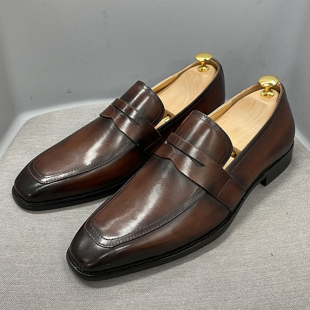 Size 6 To 13 Classic Mens Penny Loafers Genuine Cow Leather Dress Shoes Brown Handmade Slip on Italian Style Office Formal Shoes