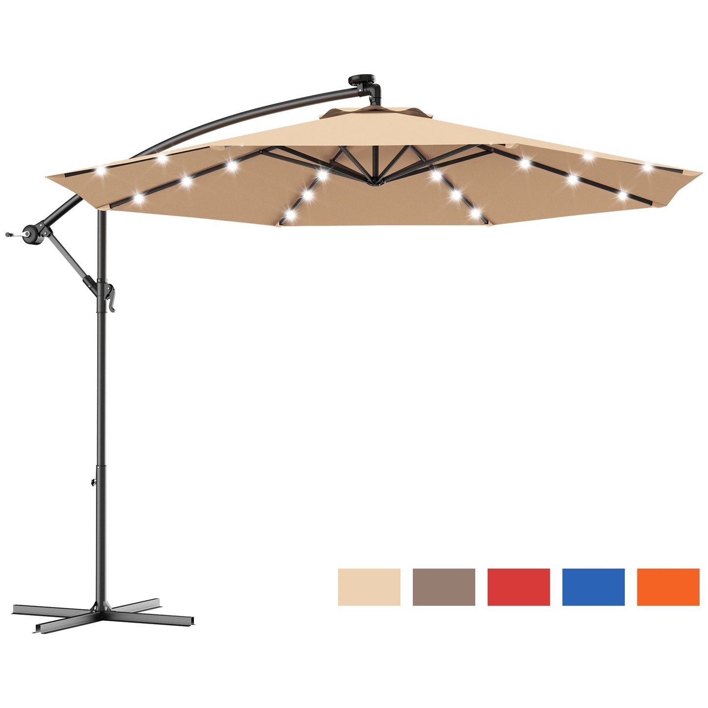 Costway 10&#39; Hanging Solar LED Umbrella Patio Sun Shade Offset Market W/Base OP70754