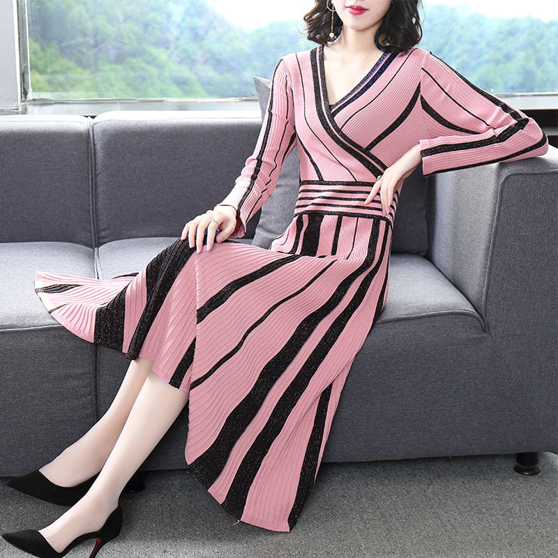 Dress 2019 autumn new color contrast pleated big swing dress autumn winter women&#39;s wear