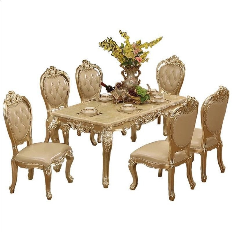 European-style Marble Dining Table and Chair Combination Champagne Rectangular Dining Table Solid Wood Carved Dining Chairs