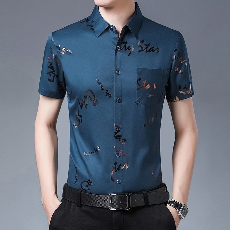 New Men Shirt High Quality Silk Print Summer Short sleeve Casual Shirts Men Slim Fit Camisa Masculina Drop Shipping C749