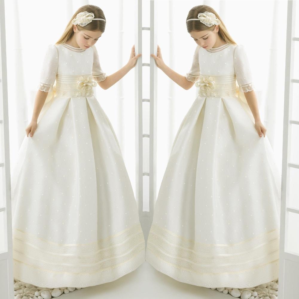 Kids Flower Girl Dresses Bow Satin Floor-Length Girls Pageant Dresses First Communion Dresses For Girls Vestidos De Comunion