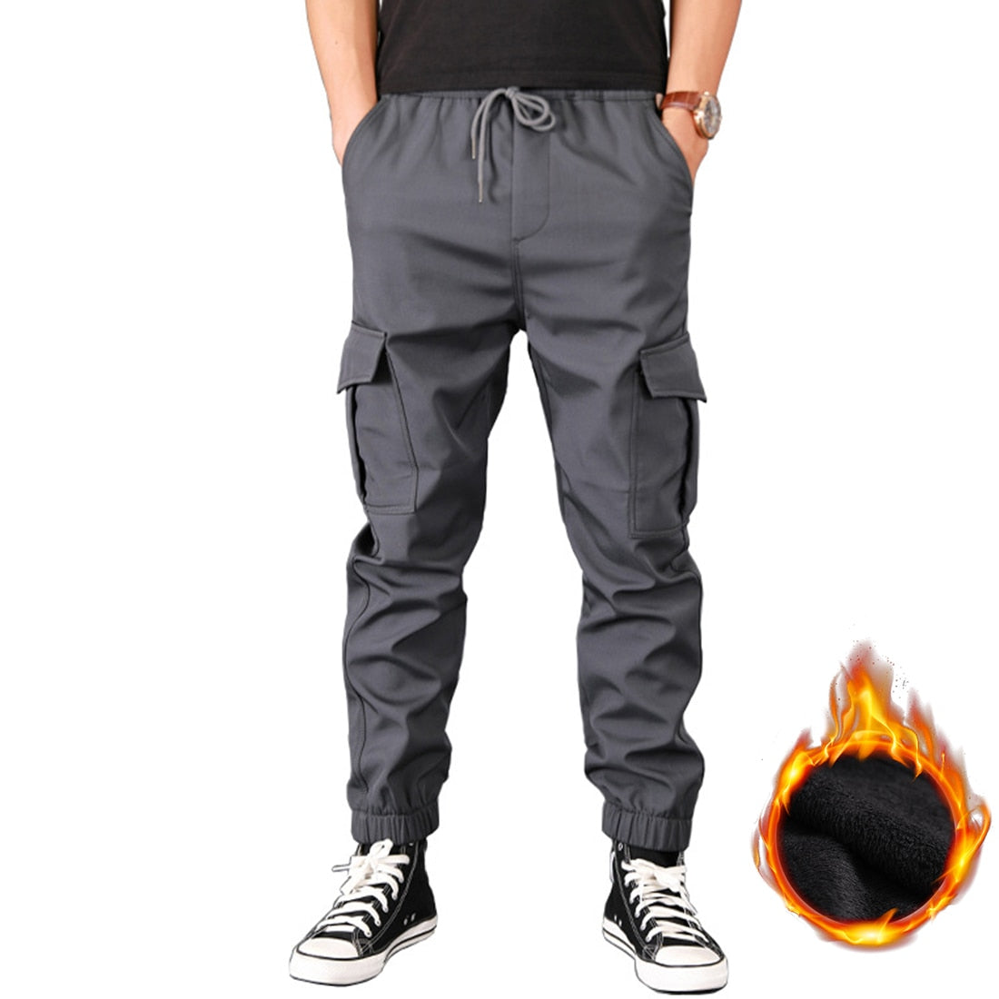 Winter Men Pants Thick Fleece Joggers Multi Pocket Loose Sport Trousers Male Casual Warm Sweatpants Cargo Pants M-6XL