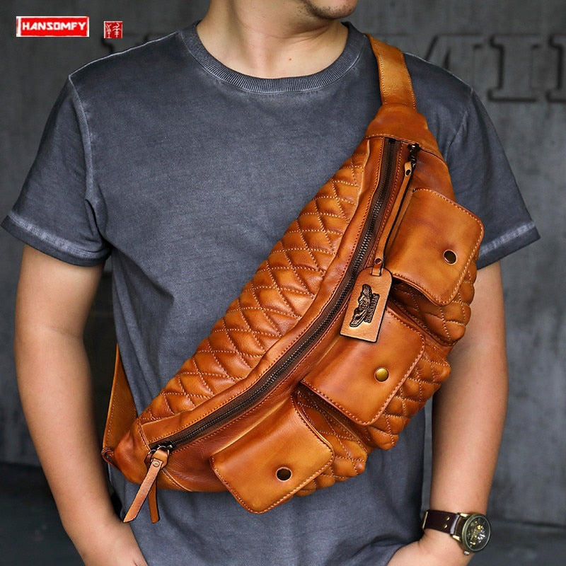 Dumpling Chest Bag, the First Layer of Vegetable Tanned Cowhide, Retro Leather Men&#39;s Shoulder Messenger Bag, New Riding Men Bags