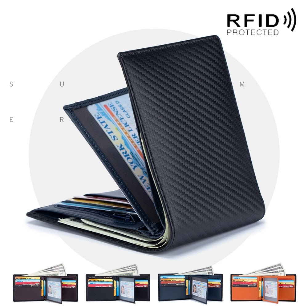 Rfid Carbon Fiber Genuine Leather Men Wallet Money Bag Slim Thin Mini Wallets For Men Card Holder Purses Short Male Walet Black