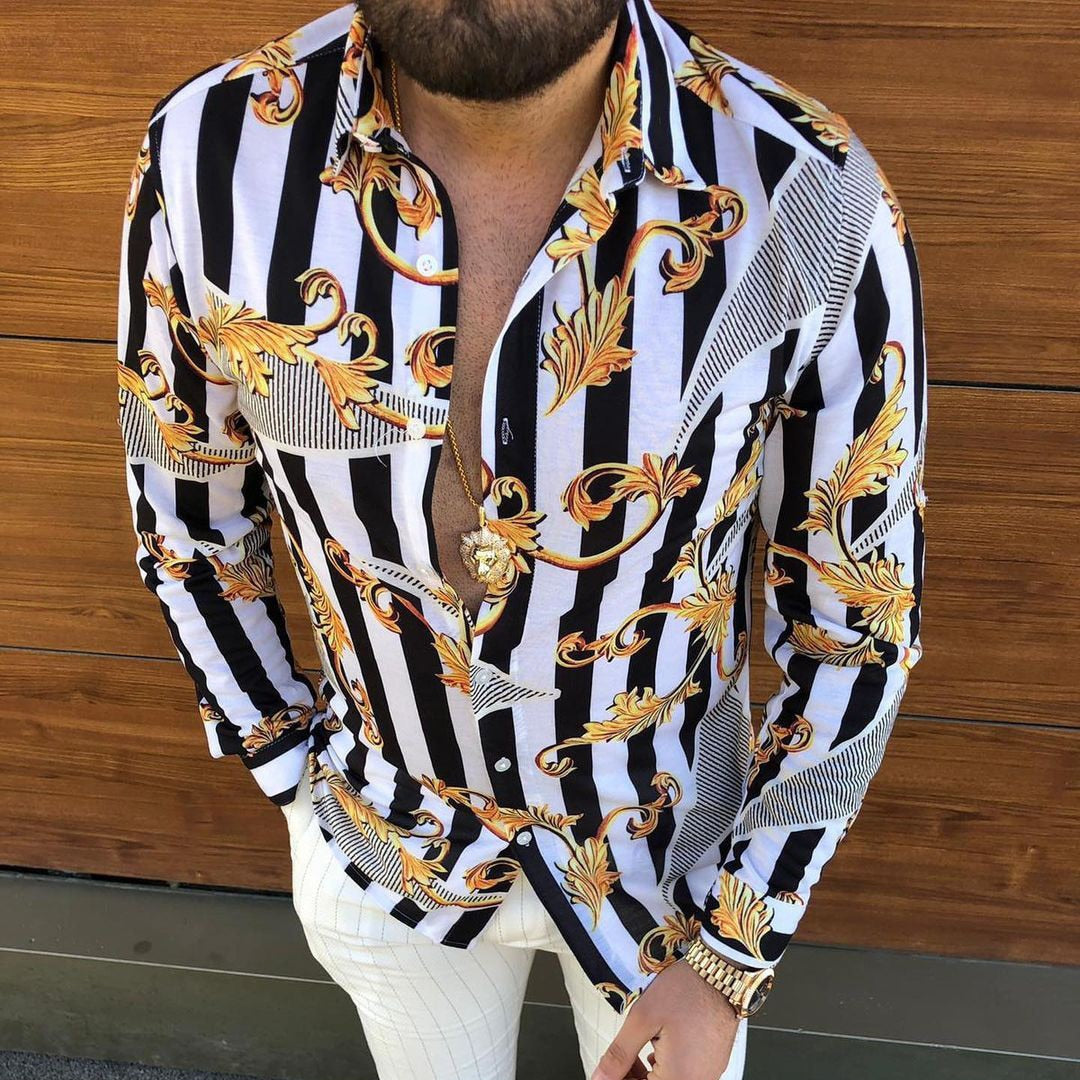 Autumn New Men Vintage Oversized Shirt Ethnic Printed Turndown Collar Long Sleeve Shirts Hawaiian Striped Shirt Mens Moda Hombre