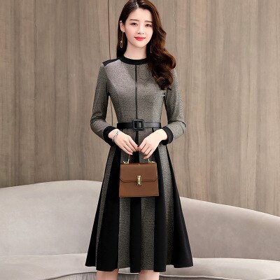 2020 Spring Dress Women A-Line Dress Long Sleeve Knee-Length Office Lady Elegant O-Neck Women Dress Casual Slim Autumn Vestidos