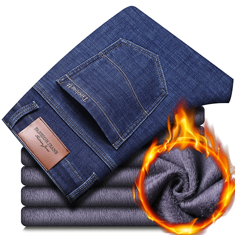 Winter Thermal Warm Flannel Stretch Jeans Mens Winter Quality Famous Brand Fleece Pants Men Straight Flocking Trousers Jean Male