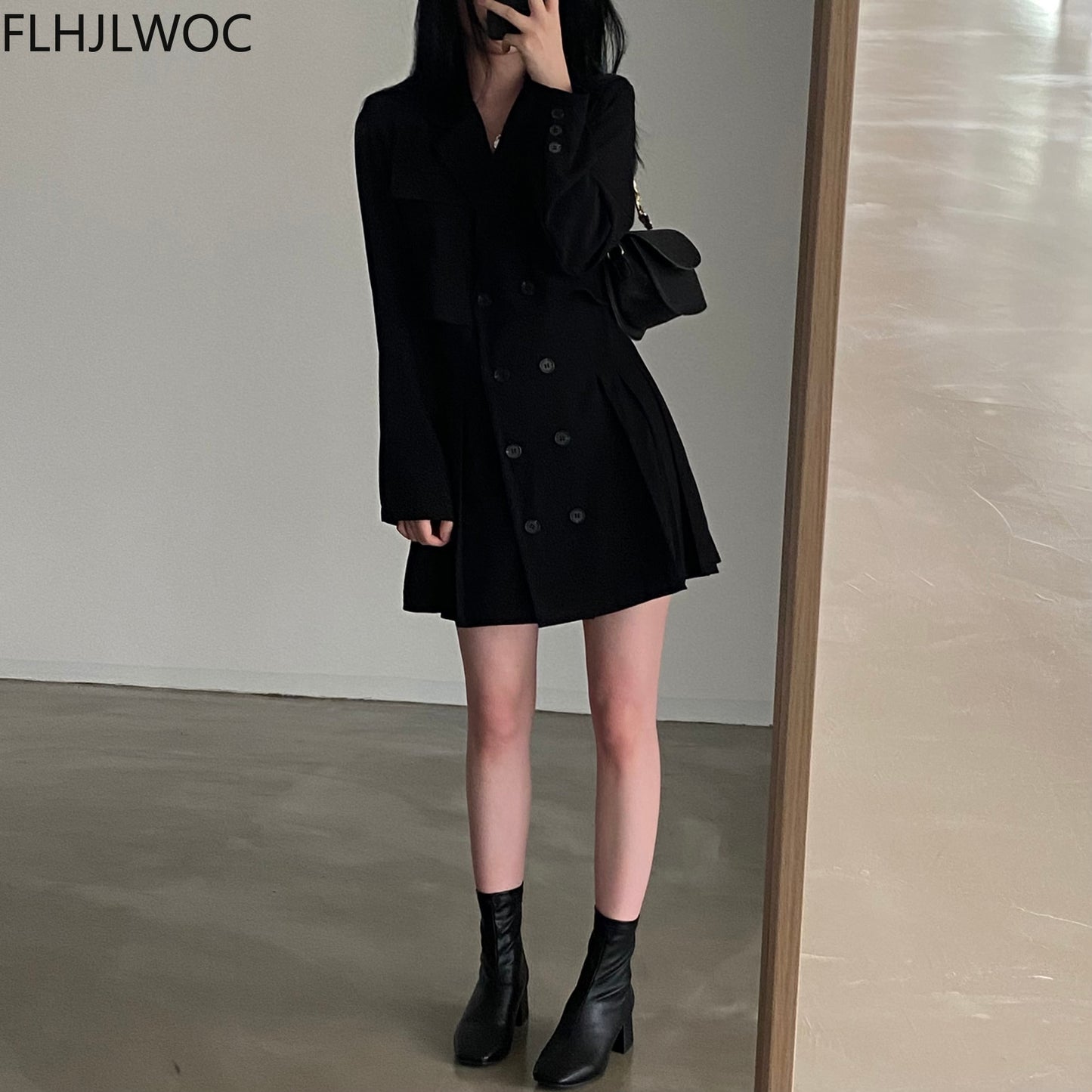 2021 Autumn Winter Outerwear Long Coat Jackets Solid Double-Breasted Button Office Lady Retro Vintage Suits Tunic Black Blazers