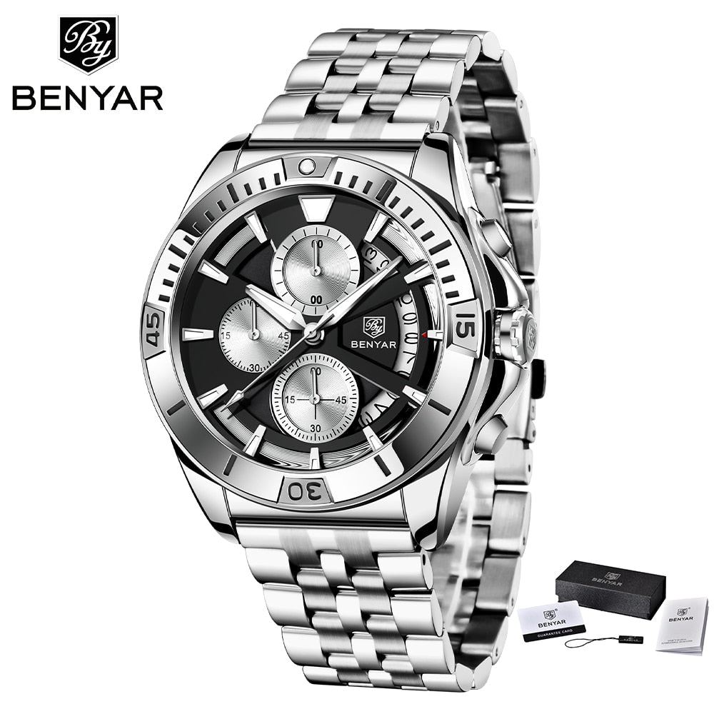 BENYAR Top Brand New Men Watch Stainless Steel Jubilee Watch Band Waterproof 30M Chronograph Luxury Men Quartz Wristwatch reloj