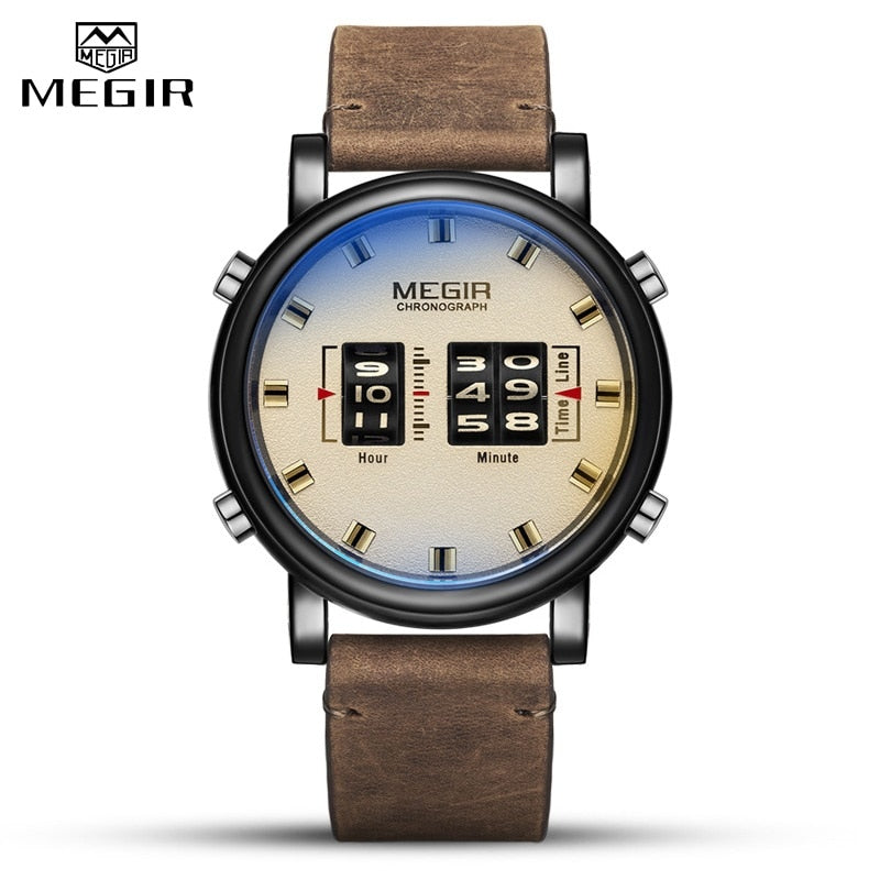 MEGIR Fashion Men&#39;s Roller Design Business Clock Men Quartz Watch Leather Waterproof Casual Sport Mens Watches Relogio Masculino