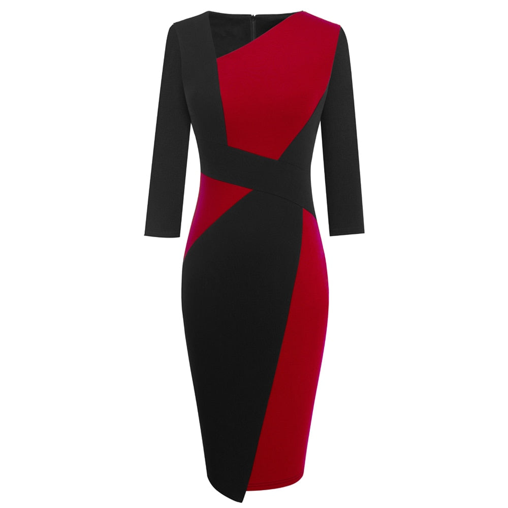 Vintage Women Patchwork Asymmetrical Collar Elegant Casual Work Office Sheath Slim Dress EB517