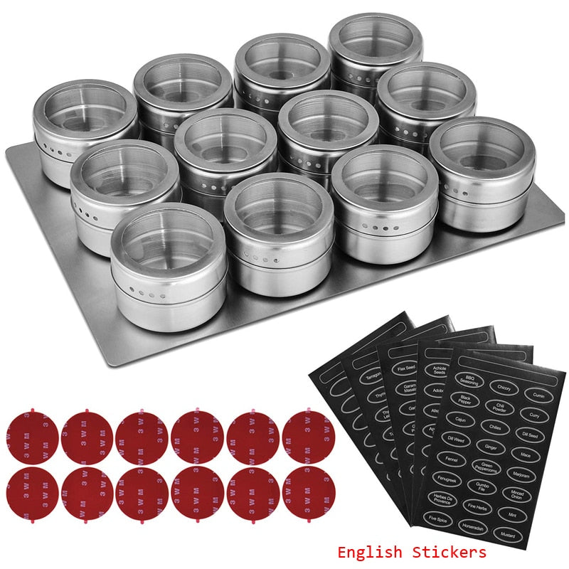 LMETJMA Magnetic Spice Jars With Wall Mounted Rack Stainless Steel Spice Tins Spice Seasoning Containers With Spice Label KC0305