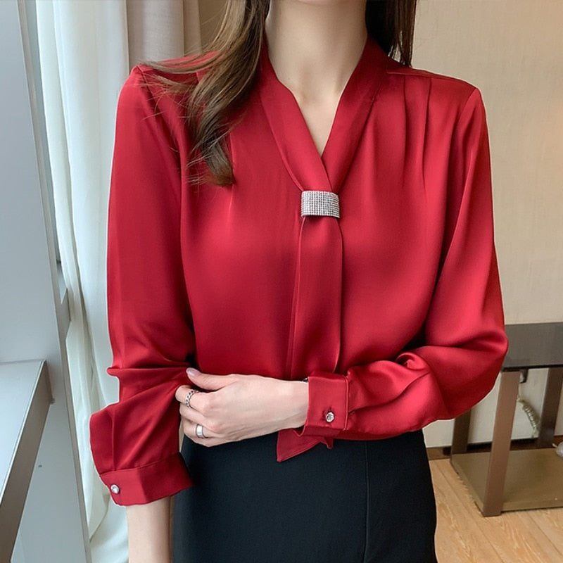 Korean Women Shirts Chiffon Blouses for Women Long Sleeve Shirts Tops Woman Ribbon Blouse Tops Fashion Woman Bow Tie Shirt XXL