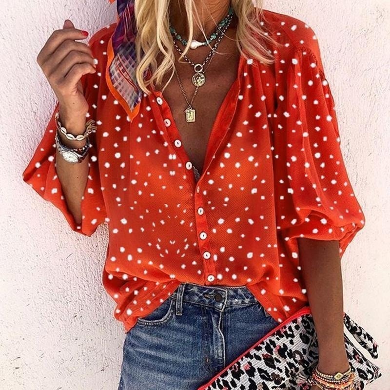 Spring Summer Tops Women Buttoned Up Shirt Office Ladies Polka Dot Print Blouses Casual Wave Point V Neck Loose Shirts Blusas