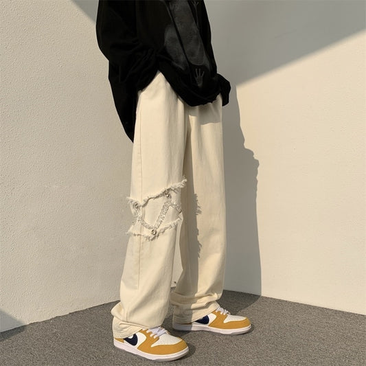 2022 New Fashion Casual Ripped Pants Spring Men&#39;s Straight Wide-leg Pants Chain Decor Washed Cotton Long Trousers Apricot/Black