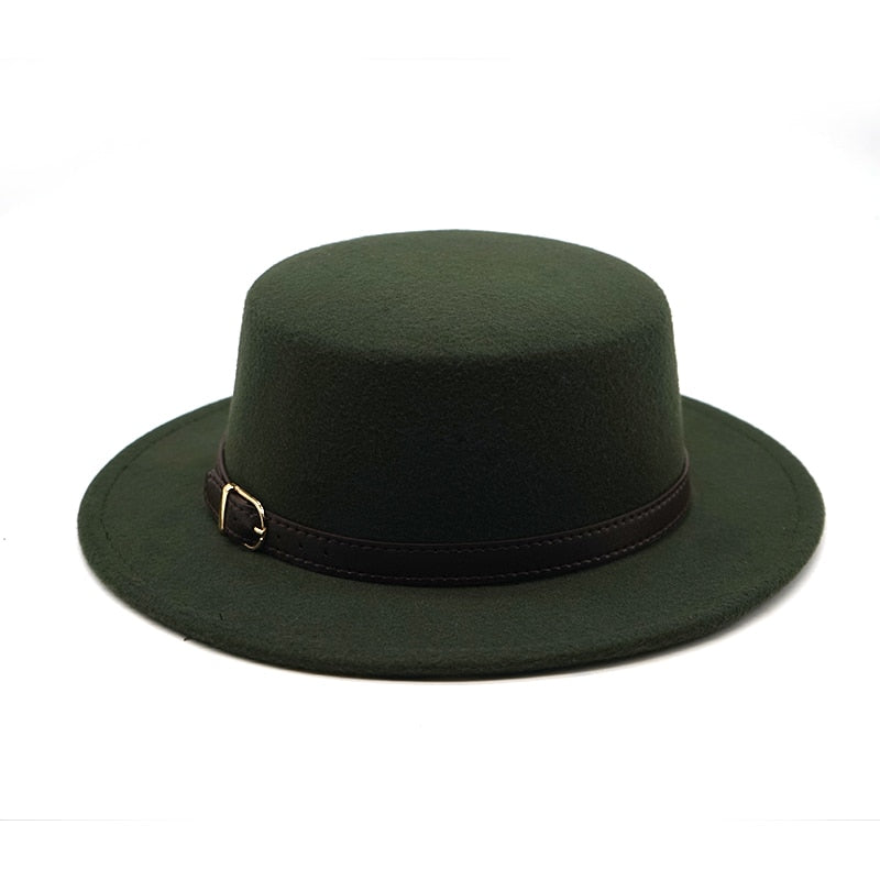 New Retro Winter Autumn women men Top hat Imitation Woolen Felt Fedora Hats Belt buckle Decorated ladies Boater Hat flat brim