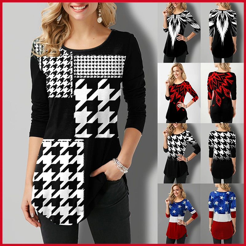 Houndstooth Flags Printing Oversized T-shirt Female Clothing Harajuku Vintage Y2k Tops Women 2021 Long Sleeve Aesthetic Tunic