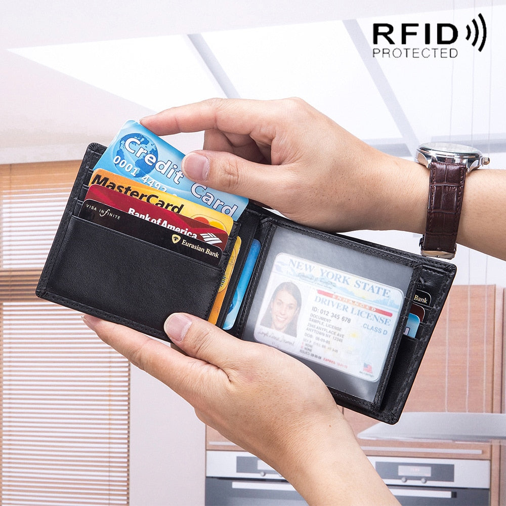 Rfid Carbon Fiber Genuine Leather Men Wallet Money Bag Slim Thin Mini Wallets For Men Card Holder Purses Short Male Walet Black