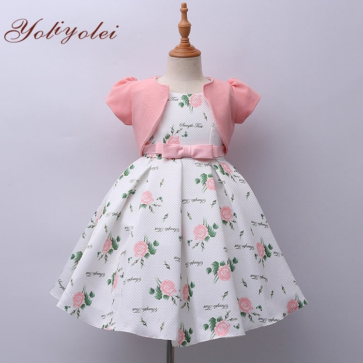 Yoliyolei 2PCS/set New Girls Dress Autumn Printing floral Kids Dresses Baby Girls ball gown Party Clothes with short sleeve coat