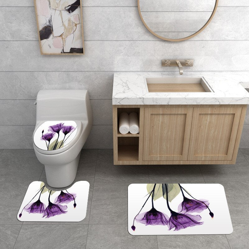Floral Bath Mat and Shower Curtain Set Shower Curtain with Hooks Bath Rugs Anti Skid Bathroom Carpet Toilet Foot Pad Bath Mat