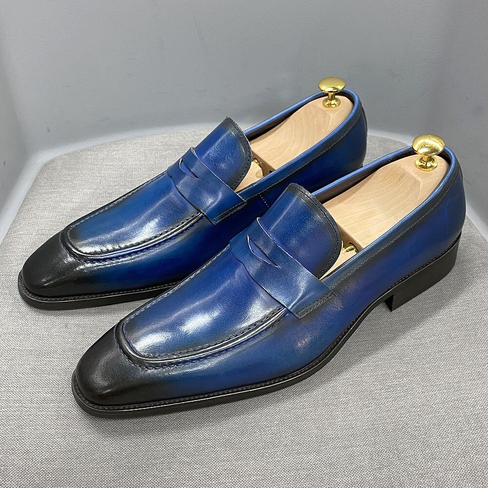 Big Size 8-15 Mens Penny Loafers Genuine Leather Blue Brown Business Dress Shoes for Men Quality Handmade Slip on Male Footwear