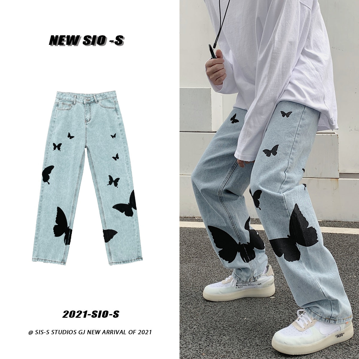 2022 Butterfly Print Jeans Men Pants Loose Baggy Jeans Casual Denim Pants Streetwear Straight Fashion Trousers Women Clothing