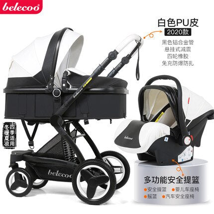 Belecoo baby stroller high landscape baby stroller basket can sit lying folding 3in1 leather baby stroller with car seat  gift