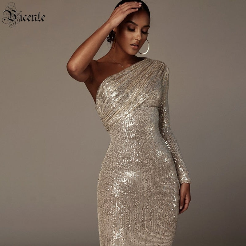 One Shoulder Dress Women Sparkling Glitzy Sequins Dress Mesh Patchwork Celebrity Party Best Dress