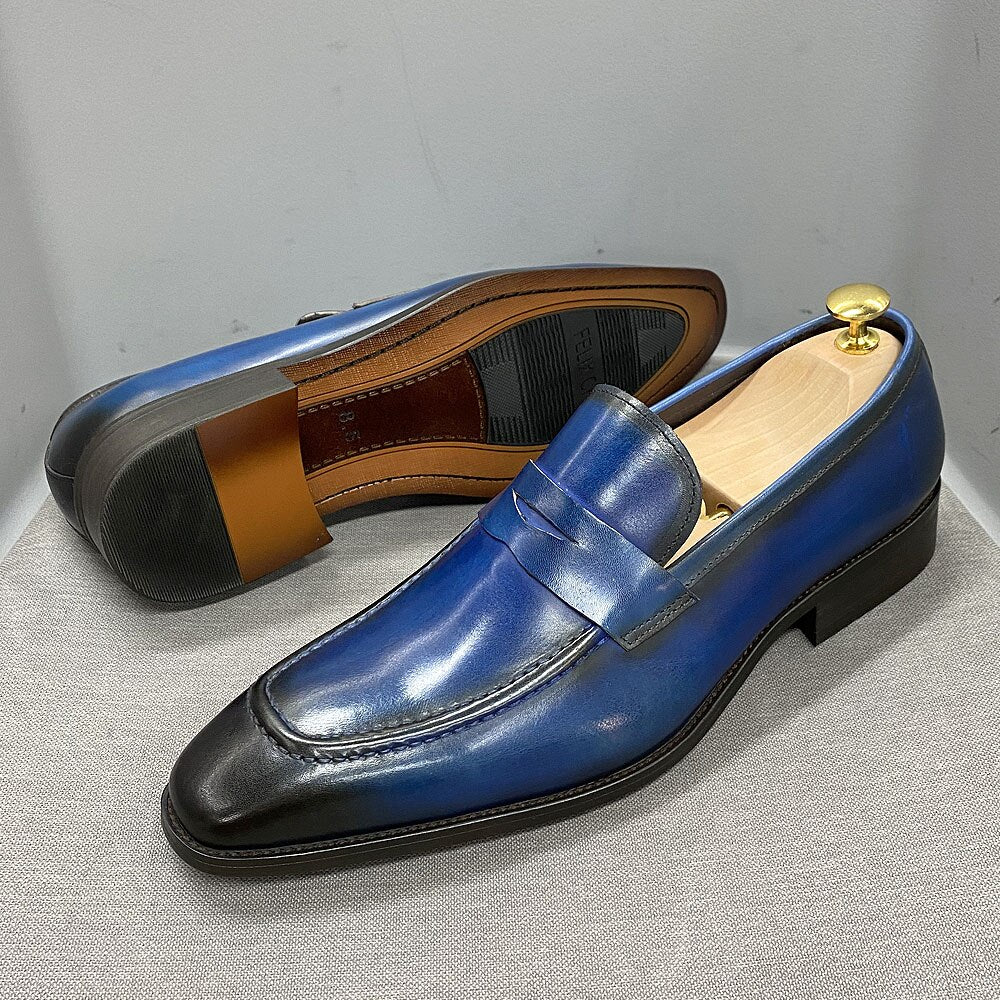 Big Size 8-15 Mens Penny Loafers Genuine Leather Blue Brown Business Dress Shoes for Men Quality Handmade Slip on Male Footwear