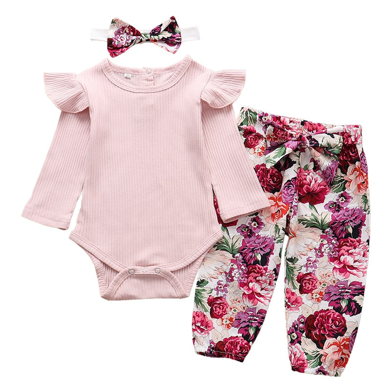 Autumn Baby Girl Clothes Sets Fashion Toddler Outfits Long Sleeve Tops Flower Pants Headband Cute 3Pcs Newborn Infant Clothing