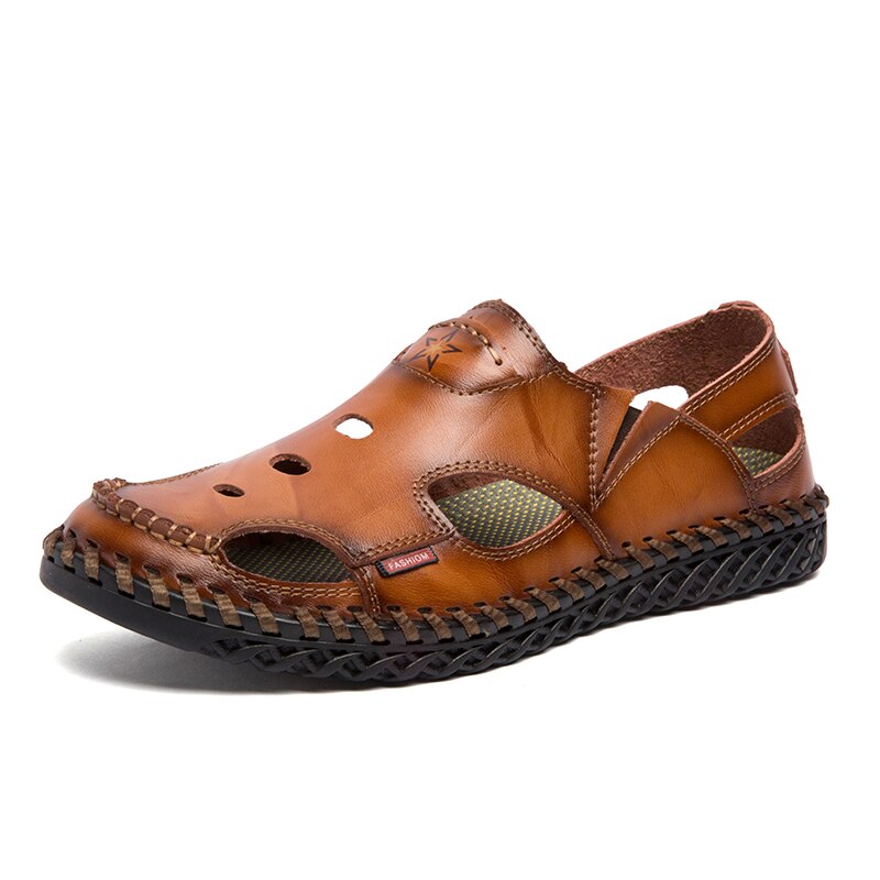 Summer Genuine Leather Sandals for Men Outdoor Beach Slip-On Hiking Trekking Handmade Sewing Leisure Non-slip Soft Size 38-45