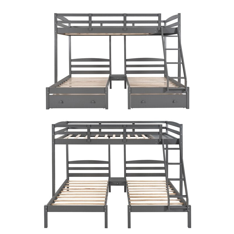 Wood Triple Bunk Bed Full Over Twin &amp; Twin Bunk Bed With Guardrails For Kids Teens Adults
