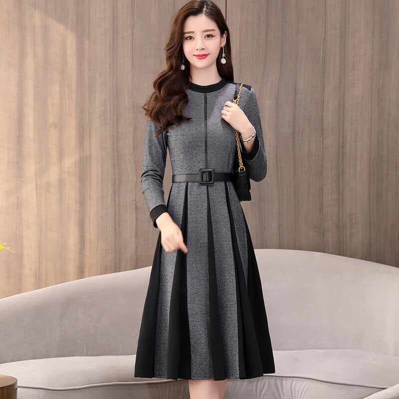 2020 Spring Dress Women A-Line Dress Long Sleeve Knee-Length Office Lady Elegant O-Neck Women Dress Casual Slim Autumn Vestidos