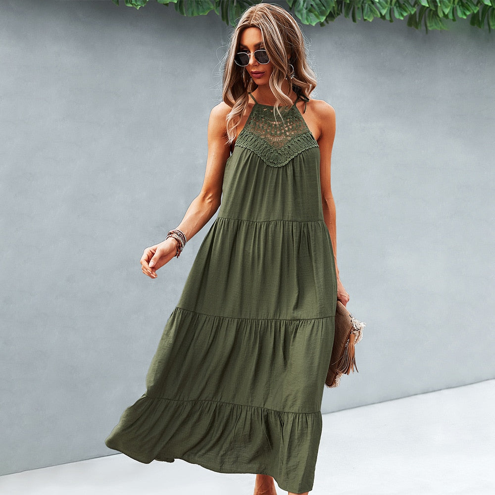 Summer Women Lace Stitching Halter Long Dress Sexy Lace-up Big Hem Beach Party Dresses Vintage Green Casual Ruffle Sundress 2022