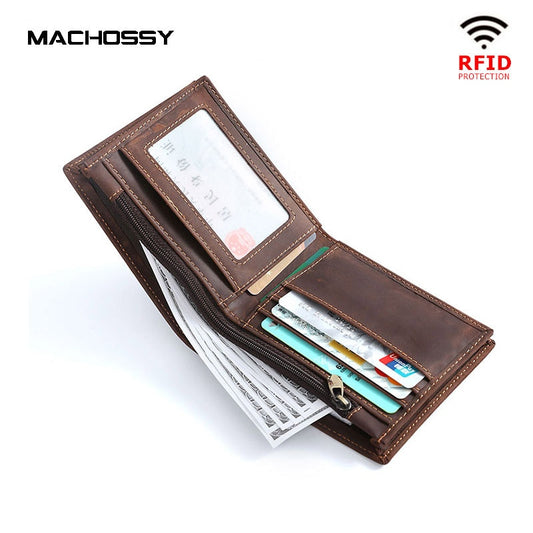 New RFID Protection Genuine Leather Wallet Men Short Coin Wallet Card Holder Purse Matte Leather Male Wallet Zipper Pocket