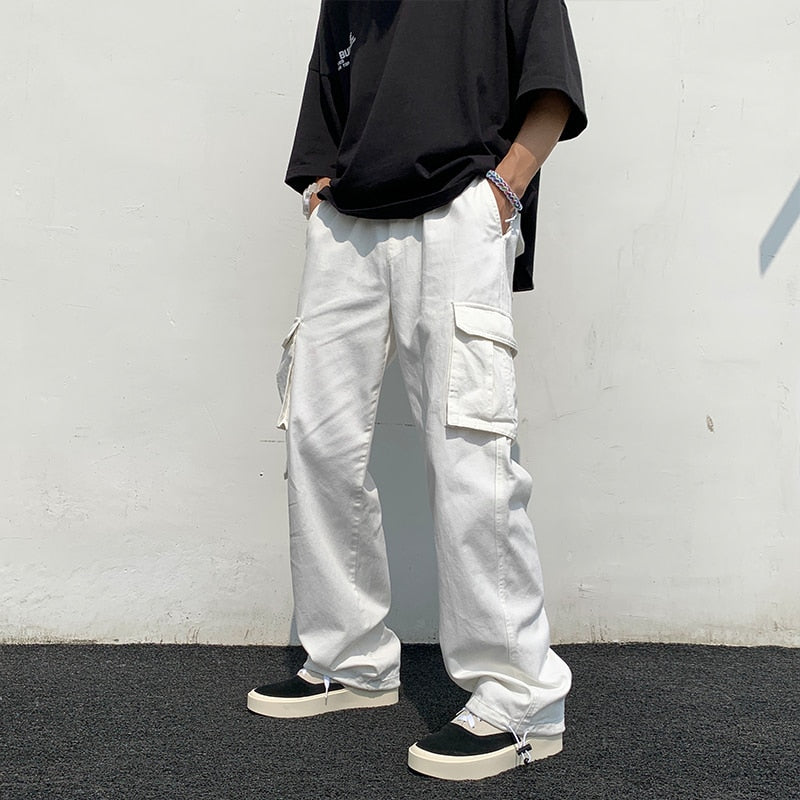 Black/white Casual Pants Men&#39;s Fashion Loose Straight Wide Leg Pants Men Streetwear Hip-hop Pocket Cargo Pants Mens Trousers