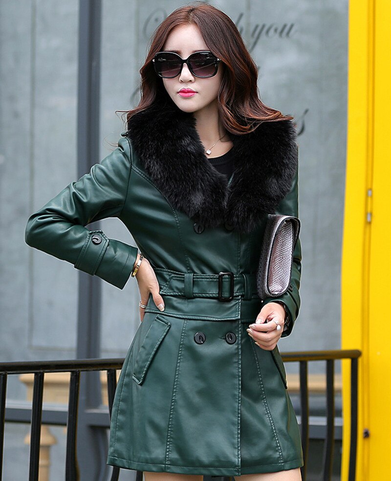 2022 Winter New Women Long Leather Jacket Coat Female Fashion Big Fur Collar Thick Slim Oversize Windbreaker