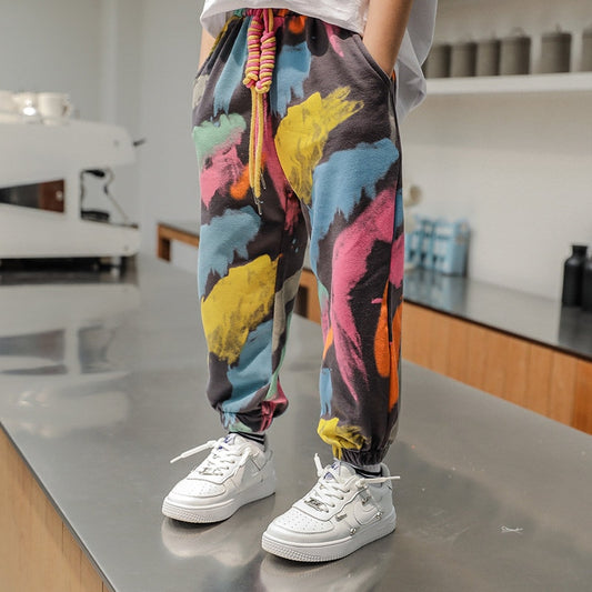 2022 New Arrival Boys Tie Dye Casual Pants Spring Fashion Hot Deals Graffiti Painting Print Sweatpants Cotton Kids Long Trousers