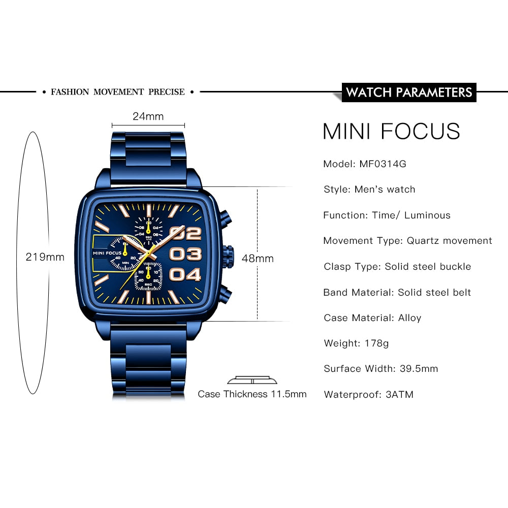 MINI FOCUS Men Business Quartz Watch Stainless Steel Top Brand Luxury Luminous Multifunctional Waterproof Male Clock +box
