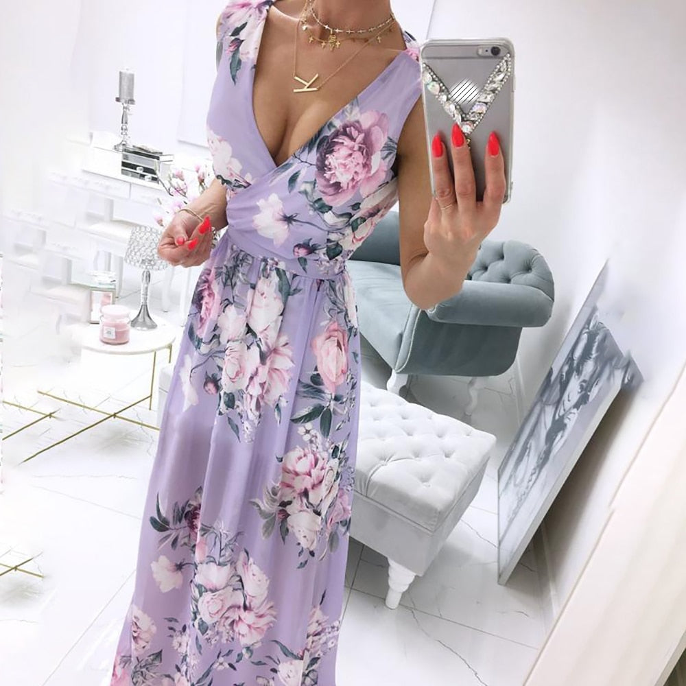 Summer Women Floral Sleeveless Maxi Dress Sexy Slit Boho Beach White Tank Dresses 2022 Elegant Deep V-Neck Print Party Sundress