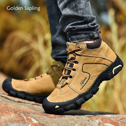 Golden Sapling Retro Men&#39;s Winter Boots Fashion Genuine Leather Casual Shoes Comfortable Mountain Trekking Boot Warm Plush Shoe