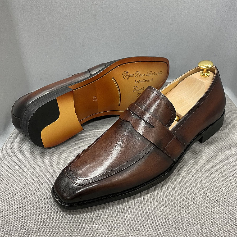 Size 6 To 13 Classic Mens Penny Loafers Genuine Cow Leather Dress Shoes Brown Handmade Slip on Italian Style Office Formal Shoes