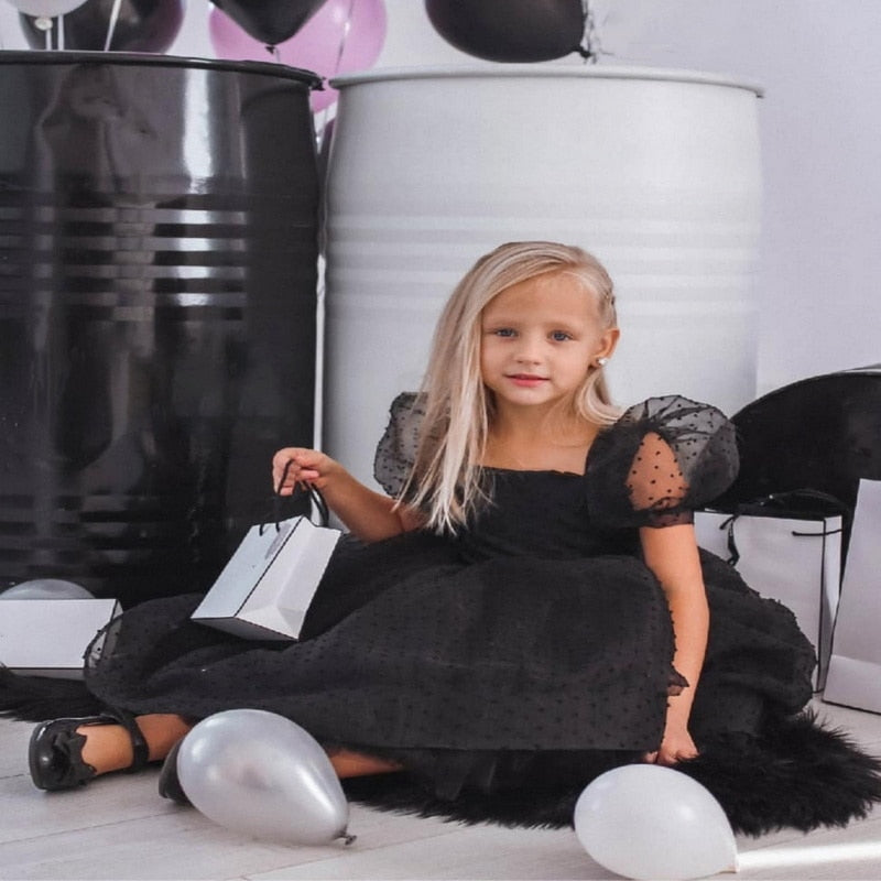 2021 New Summer Kids Girls Party Dresses Black Square Collar Puff Mesh Sleeves Dot Print Princess Dress Children Clothes E0506